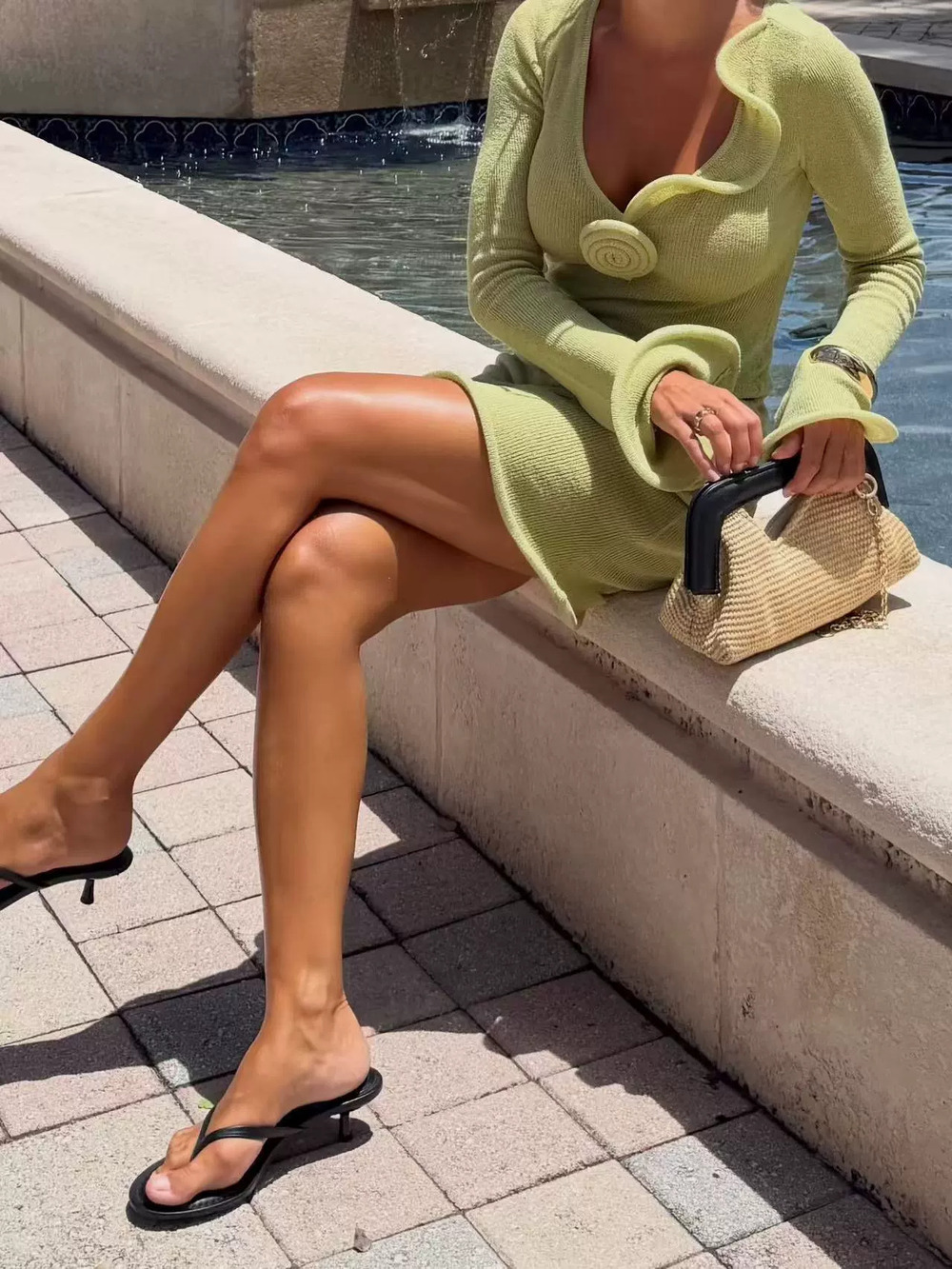 ZARA Womens Summer Knit Dress Slim V Neck Short Beach Vacation Green Long Sleeve